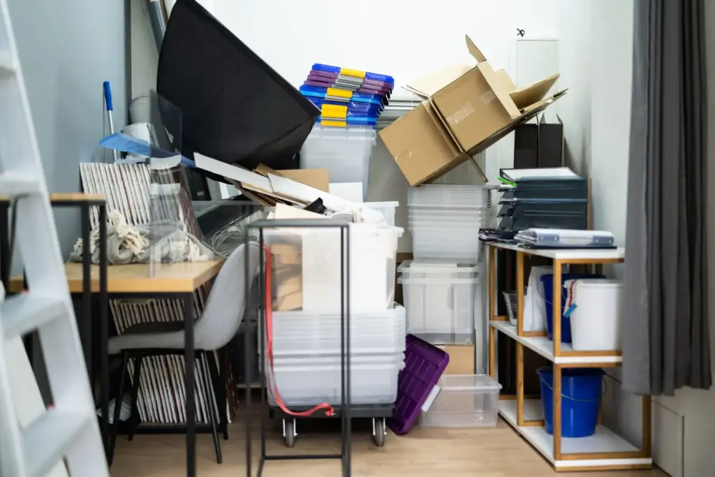 Abstellraum voller Plastikboxen, Kartons und B&uuml;romaterial.