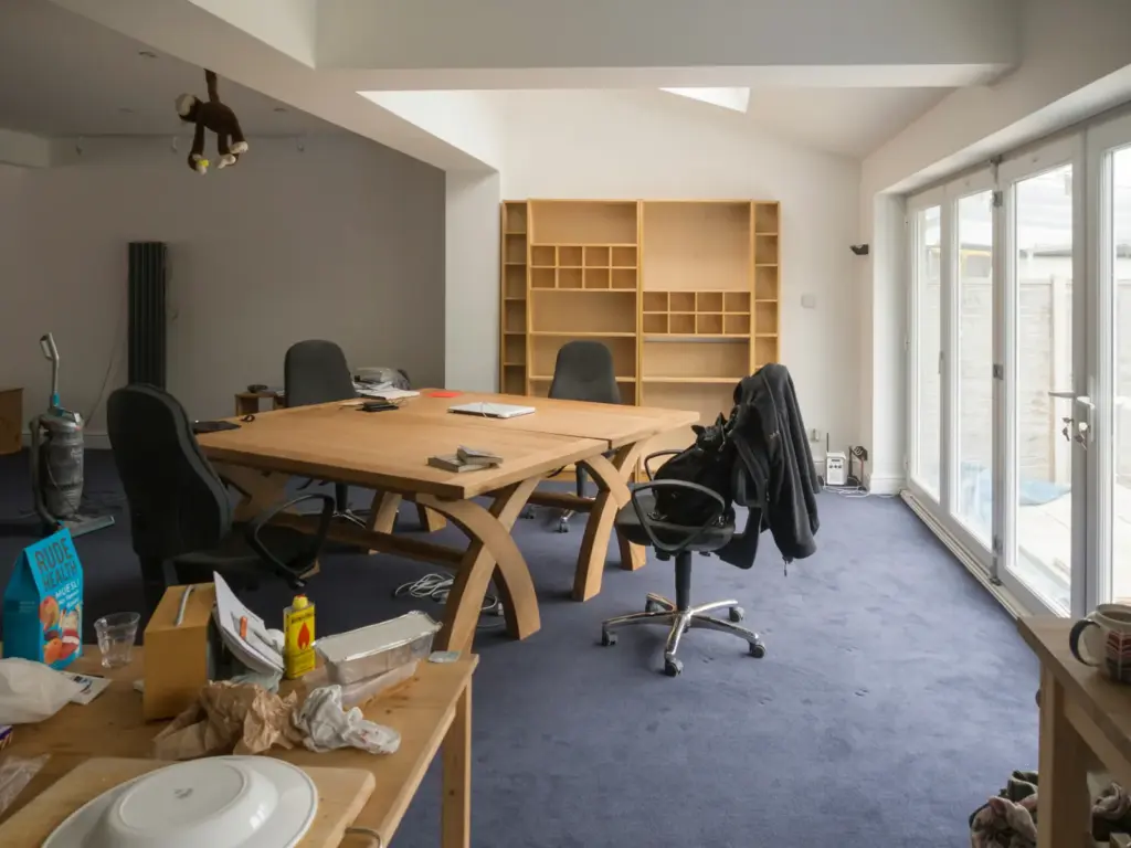 Ger&auml;umtes B&uuml;ro mit leerem Regal, Tisch und B&uuml;rost&uuml;hlen.