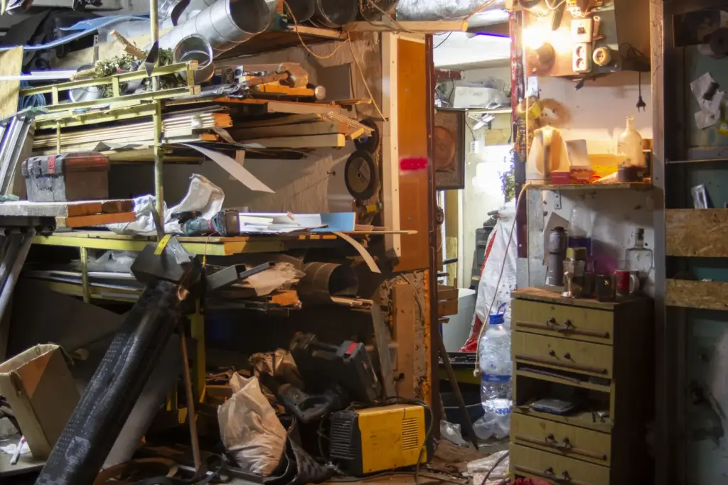 Zugestellte Hobbywerkstatt in einer Garage mit Werkbank und Ger&auml;ten.