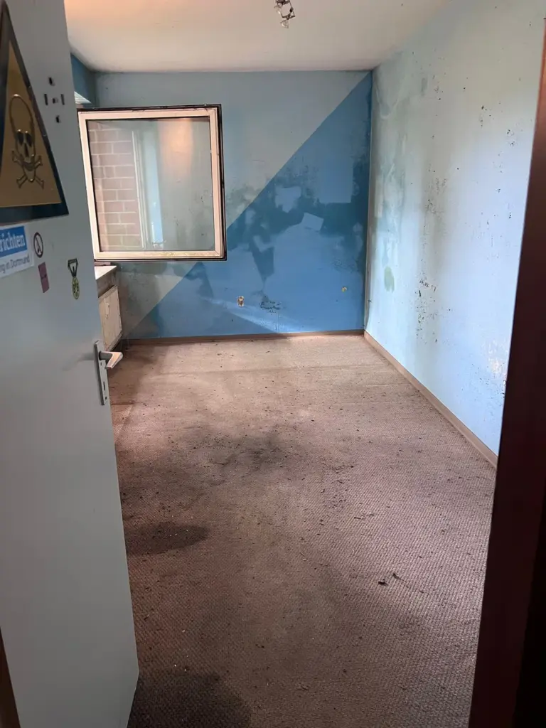 Leerger&auml;umtes Zimmer mit fleckigem Teppichboden und blauer Wand.