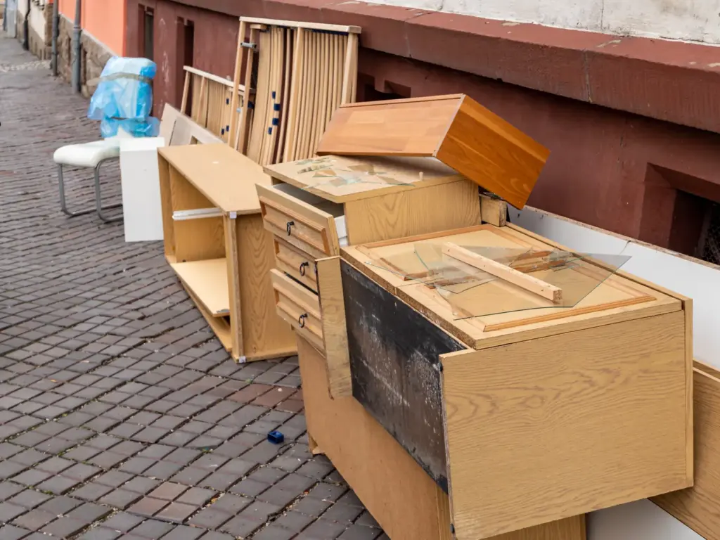 Ausrangierte M&ouml;bel stehen als Sperrm&uuml;ll auf dem Gehweg vor einem Haus.