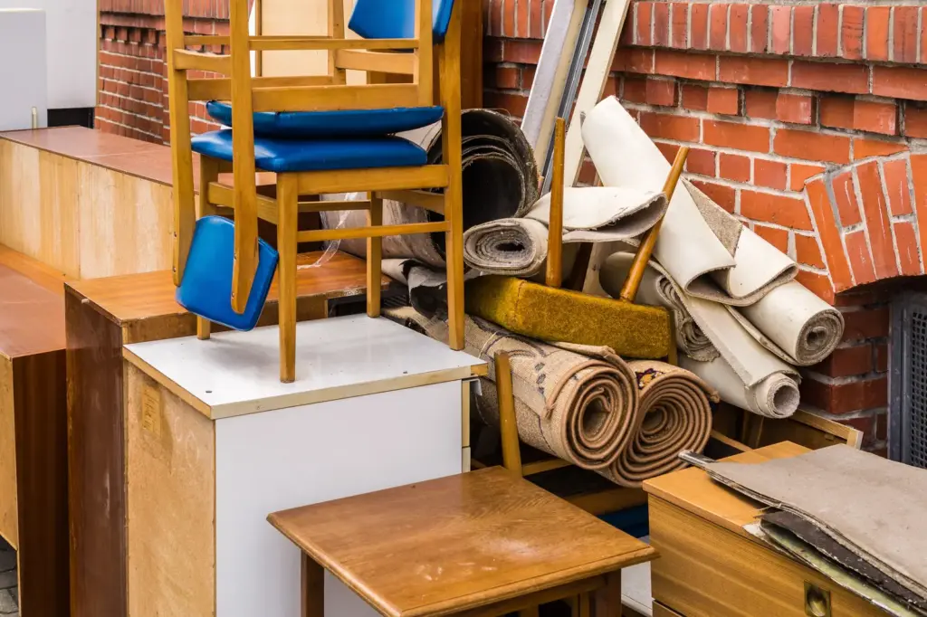Gestapelte St&uuml;hle, Teppichrollen und alte M&ouml;bel an einer Backsteinwand.