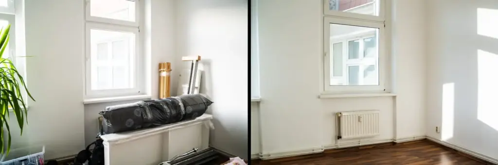 Vorher-nachher-Vergleich: Zimmer mit Ger&uuml;mpel am Fenster und leerer Raum.