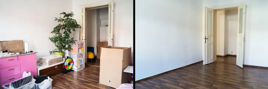Vorher-nachher-Vergleich: vollgestelltes Zimmer und leerer ger&auml;umter Raum.